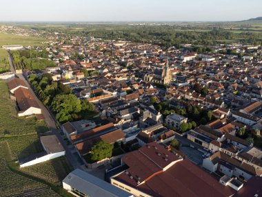 Ay-Champange, Vallee de la Marne, Champagne District, Fransa yakınlarındaki eski yeşil büyük cru cru tepeli şampanya bağlarına, Pinot noir üzüm fabrikalarına ve köydeki eski evlere bakın.