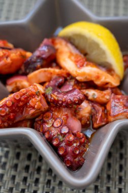 Lezzetli antipasti salatası ya da başlangıç deniz ürünleri tabağı, ızgara ahtapot stili kırmızı biberli kırmızı biber restoranda servis edilir.