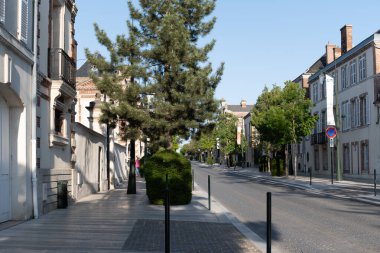 Şampanya Bulvarı 'nda gün batımında yürümek, Epernay, Fransa, cadde manzarası, ağaçlar, dekorasyonlar, gün ışığında şampanya evleri.