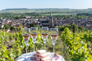 Beyaz ve gül tadım şarap brut, büyük rezerv, yeşil tepe üzüm bağlarında şampanya ve Vallee de la Marne 'da köy yapan eski şarap manzarası, şampanya, Fransa