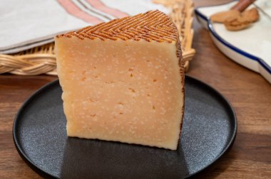 Çok eski bir parça anejo tostado İspanyol sert peyniri, inek ve koyun papağanı, manchego, keçi peyniri