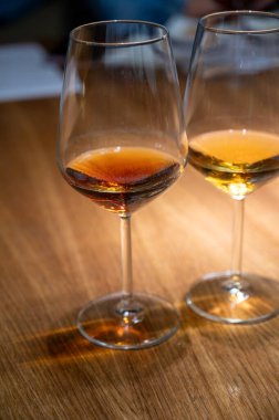 Eski büyük meşe fıçılarıyla şarap mahzeni ziyareti, güçlendirilmiş kuru veya tatlı marsala şarabı ile tatma bardakları Marsala, Sicilya, İtalya 'da şarap endüstrisi