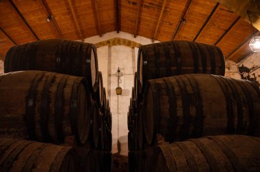 Eski büyük meşe fıçılarıyla şarap mahzeni ziyareti, Marsala, Sicilya 'da güçlendirilmiş kuru veya tatlı marsala şarabı üretimi, İtalya' da şarap endüstrisi