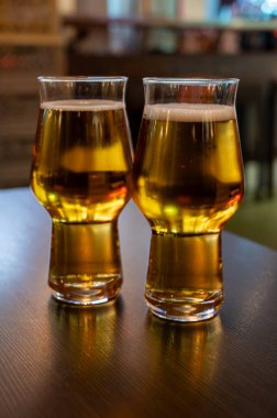 Taze demlenmiş hafif bira fıçıdan dökülen bira bardaklarıyla servis edilen bira fabrikasında Alman birasını deviriyor.