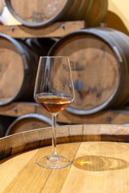 Eski büyük meşe fıçılarıyla şarap mahzenini ziyaret etmek, Marsala, Sicilya, İtalya ve şarap endüstrisindeki varillerden alınmış bir bardak güçlendirilmiş veya lezzetli marsala şarabı.
