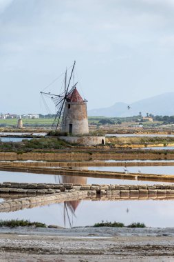 Deniz tuzu fabrikaları, eski tuz değirmenleri ve tavalar, Marsala, Trapani, Sicilya, İtalya yakınlarındaki yüksek kalite tuz elde etmek.