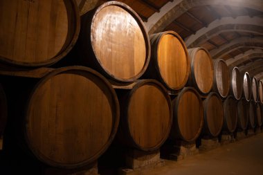 Eski büyük meşe fıçılarıyla şarap mahzeni ziyareti, Marsala, Sicilya 'da güçlendirilmiş kuru veya tatlı marsala şarabı üretimi, İtalya' da şarap endüstrisi