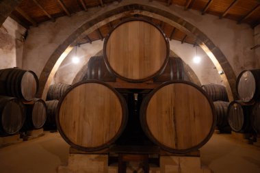 Eski büyük meşe fıçılarıyla şarap mahzeni ziyareti, Marsala, Sicilya 'da güçlendirilmiş kuru veya tatlı marsala şarabı üretimi, İtalya' da şarap endüstrisi