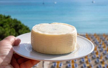 Primo İndirimli Sert Peynir. Karışık sütten yapılmış. Sicilya sepetinin ince kabuğu ve deseni turşulu kapari ve Sicilya, Mondello sahilinde deniz manzaralı.