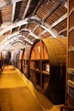 Ziyaret mağaraları, Fransa 'nın Roussillon kentindeki Katalan Pireneleri' nin yamaçlarından toplanan eski sarmaşıklardan toplanan kırmızı tatlı büyük cru şarabının yaşlandırılması için eski meşe fıçıları.