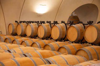 Cahors şarap üretim bölgesinde şarap fıçıları, kırmızı malbec şarapları, Fransa 'nın şatosunda şarap tatma, enotürizm