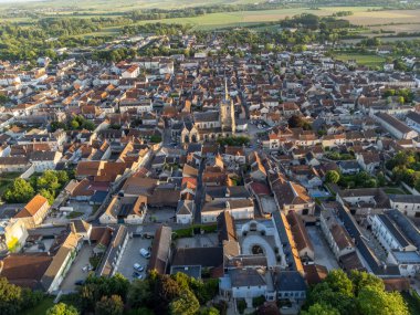 Ay-Champange, Vallee de la Marne, Champagne District, Fransa yakınlarındaki eski yeşil büyük cru cru tepeli şampanya bağlarına, Pinot noir üzüm fabrikalarına ve köydeki eski evlere bakın.