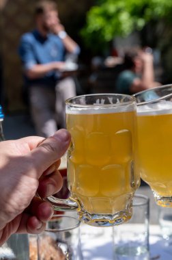 Belçika birası özel bardaklarda servis edilir Bruges 'deki eski bira fabrikasında, açık ya da koyu, lezzetli içecek, birayla öğle yemeği, turizm merkezi, Flanders, Belçika