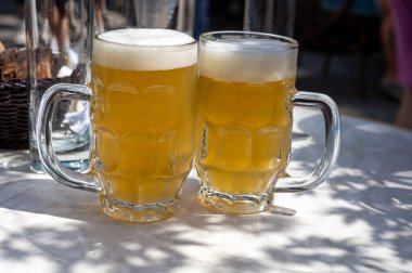 Belçika birası özel bardaklarda servis edilir Bruges 'deki eski bira fabrikasında, açık ya da koyu, lezzetli içecek, birayla öğle yemeği, turizm merkezi, Flanders, Belçika