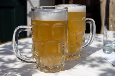 Belçika birası özel bardaklarda servis edilir Bruges 'deki eski bira fabrikasında, açık ya da koyu, lezzetli içecek, birayla öğle yemeği, turizm merkezi, Flanders, Belçika