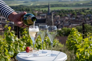 Kuru, köpüklü şarap brut, büyük rezervler, yeşil tepe üzüm bağlarında şampanya ve Vallee de la Marne, Fransa 'nın Şampanya Bölgesi' nde köy yapımı eski şaraplar.