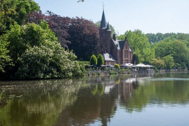 Bruges kasabası, Flanders, Belçika 'da güzel eski binaları olan göl ve şehir parkı manzarası.
