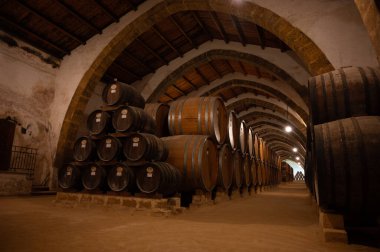 Eski büyük meşe fıçılarıyla şarap mahzeni ziyareti, Marsala, Sicilya 'da güçlendirilmiş kuru veya tatlı marsala şarabı üretimi, İtalya' da şarap endüstrisi