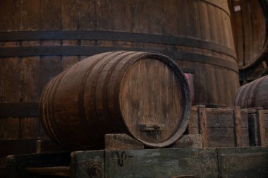 Eski büyük meşe fıçılarıyla şarap mahzeni ziyareti, Marsala, Sicilya 'da güçlendirilmiş kuru veya tatlı marsala şarabı üretimi, İtalya' da şarap endüstrisi