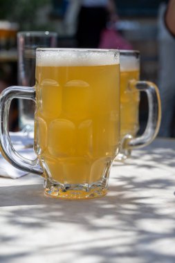 Belçika birası özel bardaklarda servis edilir Bruges 'deki eski bira fabrikasında, açık ya da koyu, lezzetli içecek, birayla öğle yemeği, turizm merkezi, Flanders, Belçika