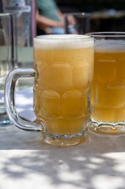 Belçika birası özel bardaklarda servis edilir Bruges 'deki eski bira fabrikasında, açık ya da koyu, lezzetli içecek, birayla öğle yemeği, turizm merkezi, Flanders, Belçika