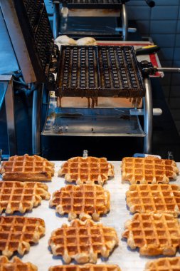 Brüksel, Flanders, Belçika 'da çeşitli malzemelerle pişirilmiş Belçika şekerli waffle' lar, lezzetli sokak yemekleri.