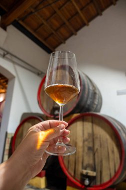 Eski büyük meşe fıçılarıyla şarap mahzenini ziyaret etmek, Marsala, Sicilya, İtalya ve şarap endüstrisindeki varillerden alınmış bir bardak güçlendirilmiş veya lezzetli marsala şarabı.