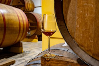 Eski büyük meşe fıçılarıyla şarap mahzenini ziyaret etmek, Marsala, Sicilya, İtalya ve şarap endüstrisindeki varillerden alınmış bir bardak güçlendirilmiş veya lezzetli marsala şarabı.