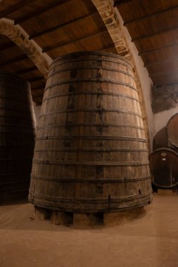 Eski büyük meşe fıçılarıyla şarap mahzeni ziyareti, Marsala, Sicilya 'da güçlendirilmiş kuru veya tatlı marsala şarabı üretimi, İtalya' da şarap endüstrisi