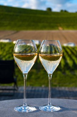 Beyaz şarap brut, büyük rezervler, yeşil üzüm bağlarında şampanya eski şaraplarda büyük Cru Ay-Şampanya köyü Vallee de la Marne 'da, şampanya, Fransa' da günbatımında, düğün konsepti