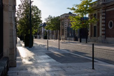 Şampanya Bulvarı 'nda gün batımında yürümek, Epernay, Fransa, cadde manzarası, ağaçlar, dekorasyonlar, gün ışığında şampanya evleri.