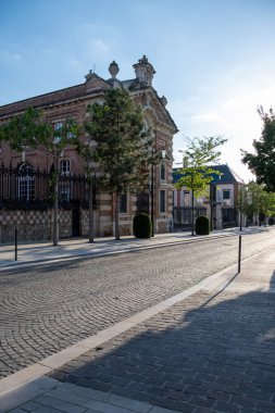 Şampanya Bulvarı 'nda gün batımında yürümek, Epernay, Fransa, cadde manzarası, ağaçlar, dekorasyonlar, gün ışığında şampanya evleri.