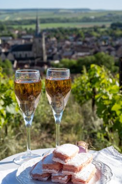 Beyaz ve gül tadım şarap brut, büyük rezerv, yeşil tepe üzüm bağlarında şampanya ve Vallee de la Marne 'da köy yapan eski şarap manzarası, şampanya, Fransa
