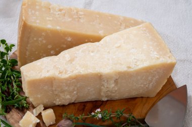 Geleneksel İtalyan yemekleri, 36 aylık mağaralardaki İtalyan parmesan peyniri Parmigiano-Reggiano ve Po River Valley, İtalya 'dan grana padano, yakın çekim.