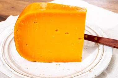 Peynir koleksiyonu, Hollanda 'da inek sütünden yapılmış sarı Hollanda peyniri, yakın plan.