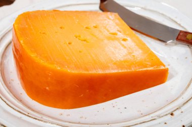 Peynir koleksiyonu, Hollanda 'da inek sütünden yapılmış sarı Hollanda peyniri, yakın plan.