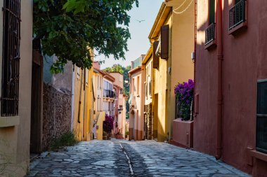 Renkli Collioure manzarası, dar sokaklar ve sarı, pembe, turuncu evler, yazlık tatil beldeleri tarihi buding ve plajlar, Pirenes-Orientales, Fransa yazın