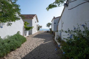 Le Racou hamleti Argeles-sur-Mer 'deki küçük yazlık evler, ya da Katalan' daki kuytu köşeler, Akdeniz kıyısındaki tipik yerler, kumlu yollar, Fransa 'nın Collioure kenti yakınlarındaki turistler.