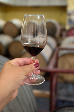 Banyuls AOC 'un tadı, Roussillon, Fransa' da cam kavanoz Dame Jeanne ya da Demijohn 'dan yapılan eski sarmaşıklardan elde edilen doğal tatlı cru Banyuls, güçlendirilmiş tatlı şarapları.