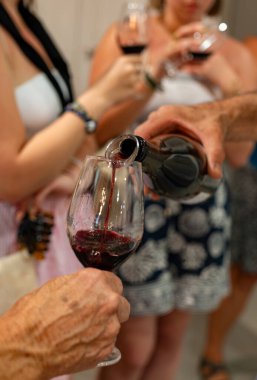 Collioure AOC tatma, Banyuls AOC beyaz, gül ve kırmızı şarap, doğal tatlı cru Banyuls güçlendirilmiş tatlı şarap Roussillon, Fransa 'daki Katalan Pireneleri' nin yamaçlarındaki eski sarmaşıklardan