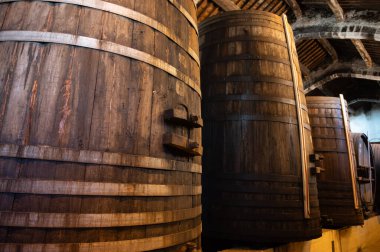 Collioure 'daki eski meşe fıçılarını ziyaret edin. Doğal tatlı kırmızı cru şarabı için eski meşe fıçıları. Banyuls, Katalan Pirenesi, Roussillon, Fransa' nın yamaçlarındaki eski sarmaşıklardan güçlendirilmiş tatlı şarabı.