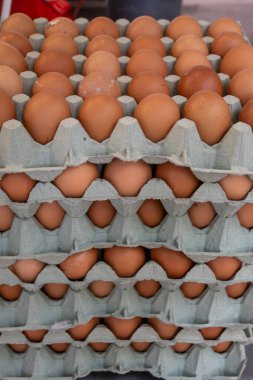 Kahverengi kafessiz tavuk yumurtaları 30 karton kutuda, kapatın.