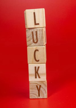 Chinese New Year concept. Luck word written on wood block on red background. Isolated red.
