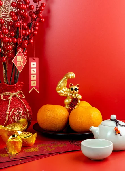 Happy Chinese Year with Cute unique Golden Cat decorations with Chinese Sentences on each elements there means \