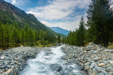 Ayes Dağı Vadisi 'nde akan nehir, Aosta Vadisi, İtalya