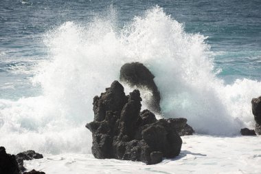 Powerful waves against the sea stacks of Lanzarote island, Atlantic Ocean, Canary Islands, Spain