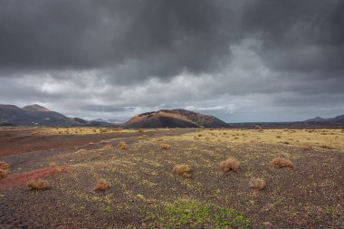 Wild volcanic landscape of Los Volcanes Natural Park in Lanzarote, Canary Islands, Spain