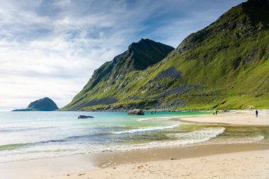 Haukland, Norway, 18 August 2022: Haukland Beach in the Lofoten Islands, Norway