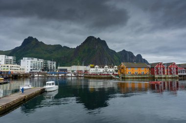 Svolvaer, Norway, 17 August 2022: View of the harbor of Svolvaer, main city of the Lofoten Islands