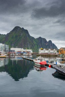 Svolvaer, Norway, 17 August 2022: View of the harbor of Svolvaer, main city of the Lofoten Islands